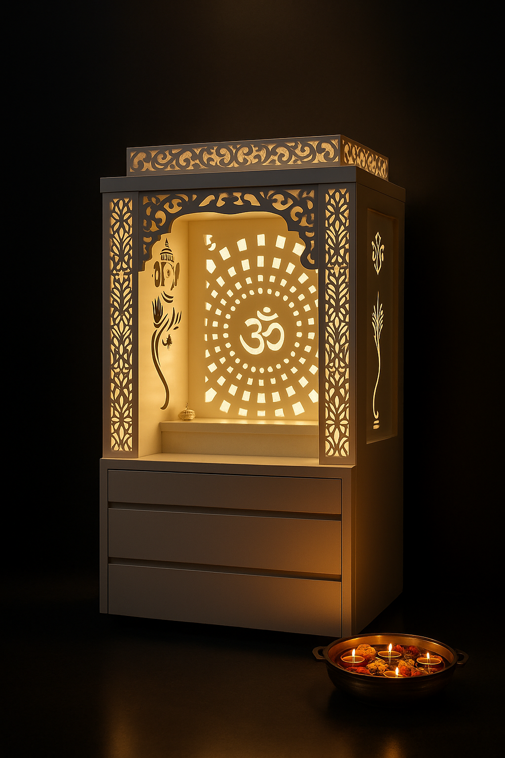 Elegant Compact Corian Altar with Backlit Pillars in a dark luxury setting