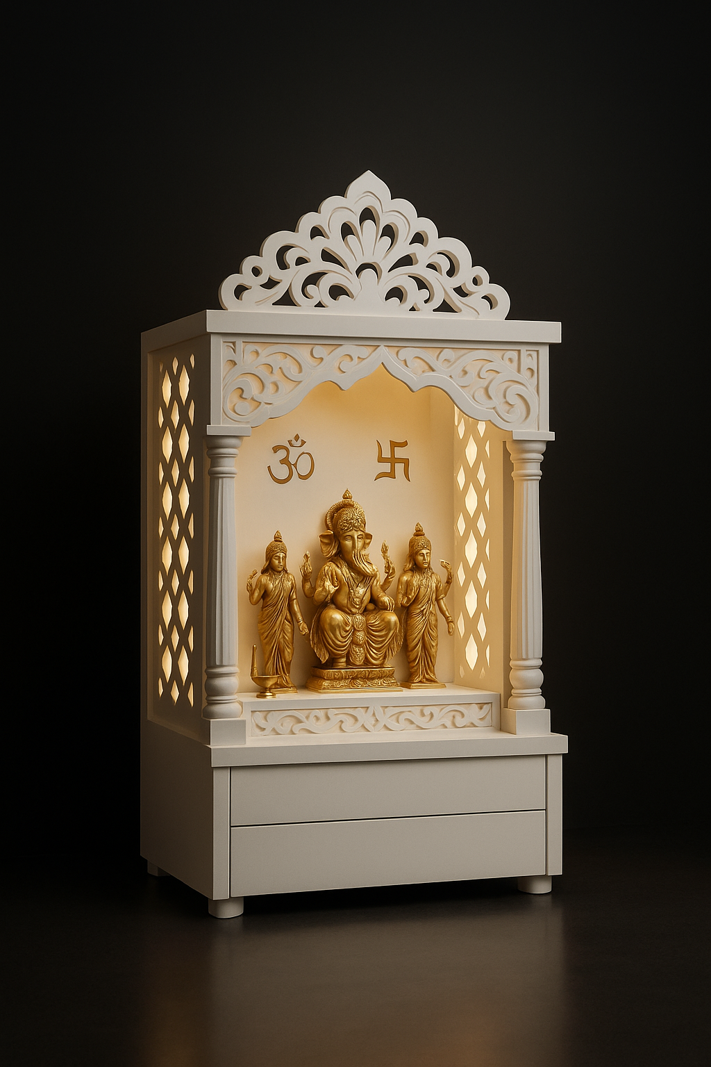 Elegant Compact Wall-Mount Corian Shrine with Intricate Jali Doors in a dark luxury setting