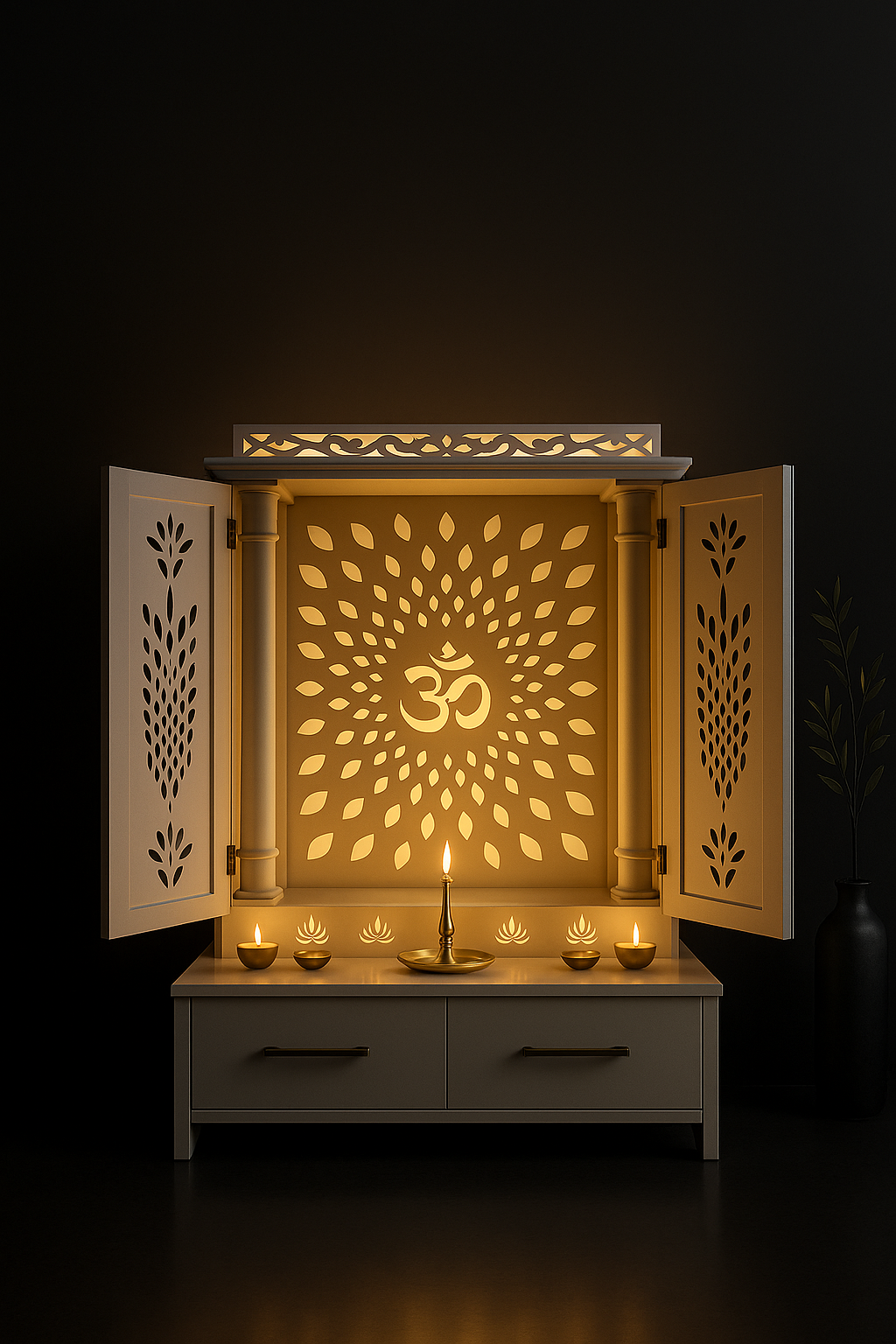 Elegant Corian Altar: A Contemporary Pooja Solution in a dark luxury setting