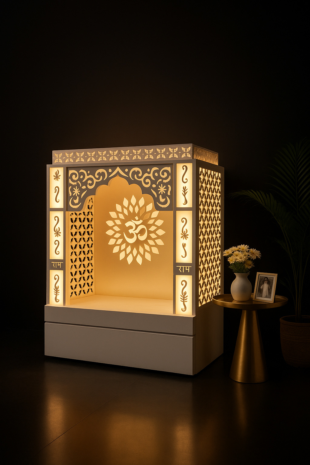 Elegant Corian Altar for Home and Office Spaces in a dark luxury setting