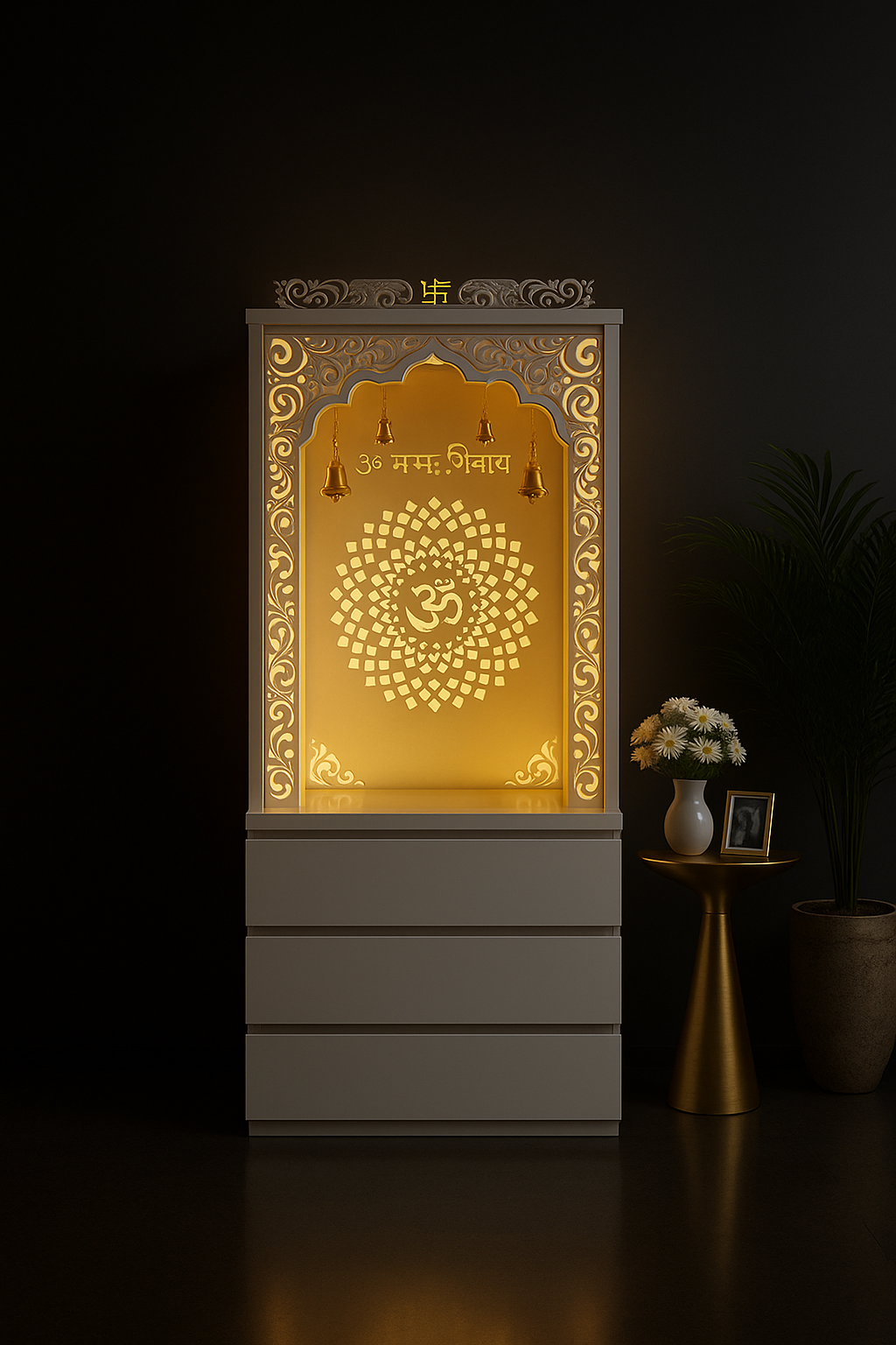 Elegant Corian Altar with Ample Storage Solutions in a dark luxury setting