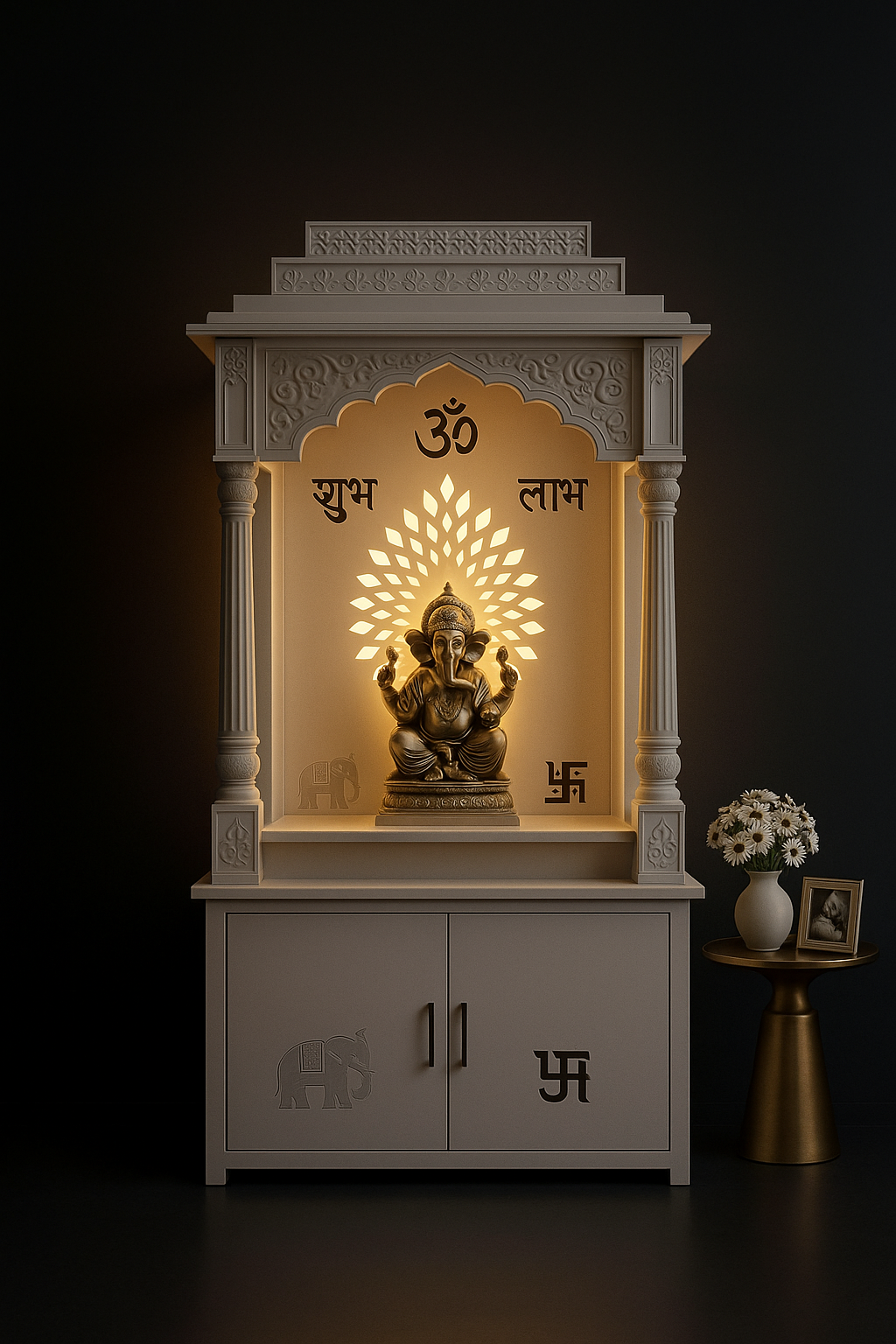 Elegant Corian Altar with Concealed Storage in a dark luxury setting