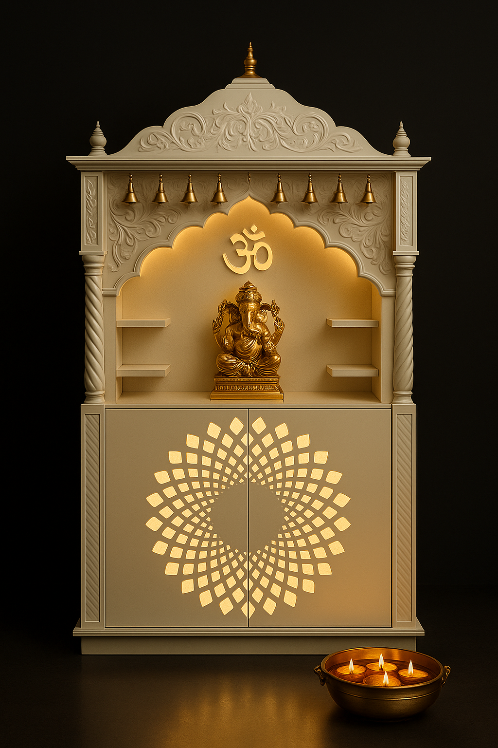 Elegant Corian Altar with Ganesha Jhaali Accents in a dark luxury setting