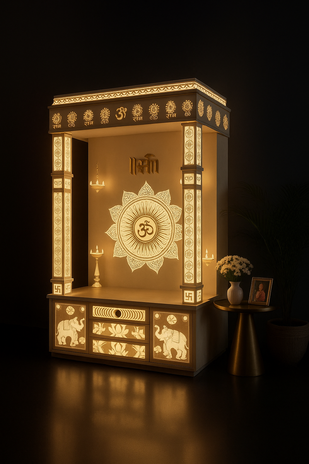 Elegant Corian Altar with Illuminated Pillars & 3D Om Drawers in a dark luxury setting