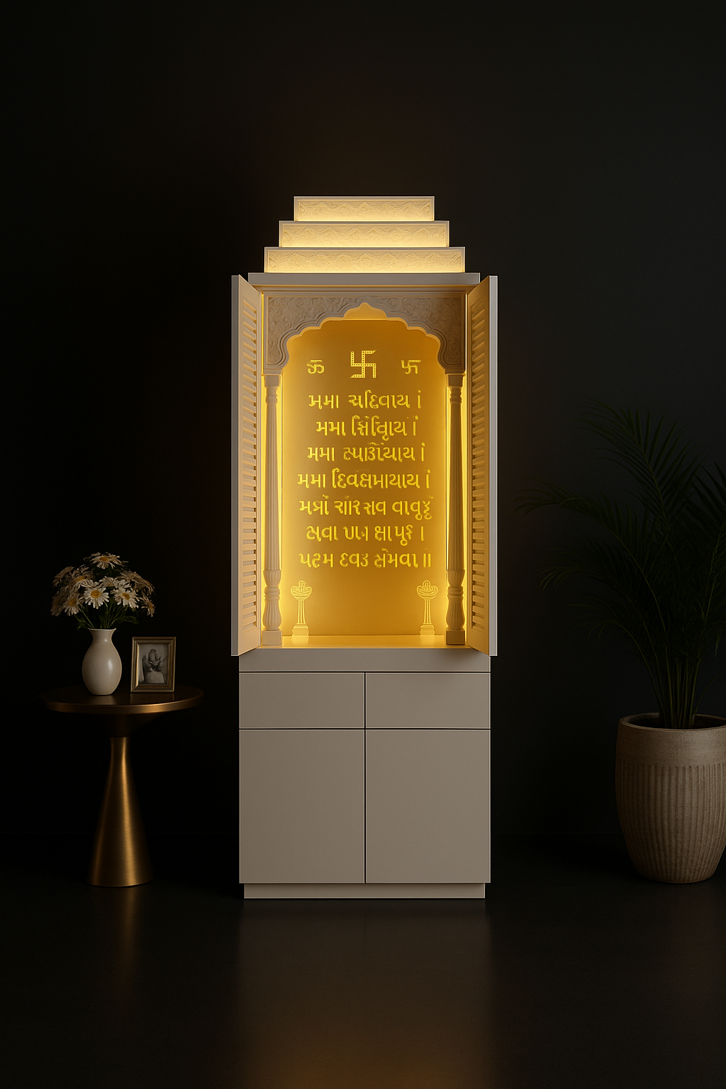 Elegant Corian Altar with Innovative Pocket Door in a dark luxury setting