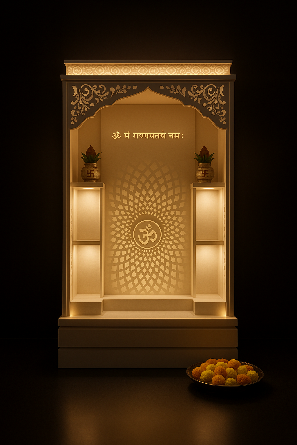 Elegant Corian Altar with Integrated Display Shelves in a dark luxury setting