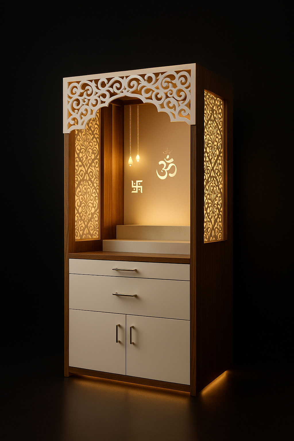 Elegant Corian Altar with Integrated Storage Solutions in a dark luxury setting