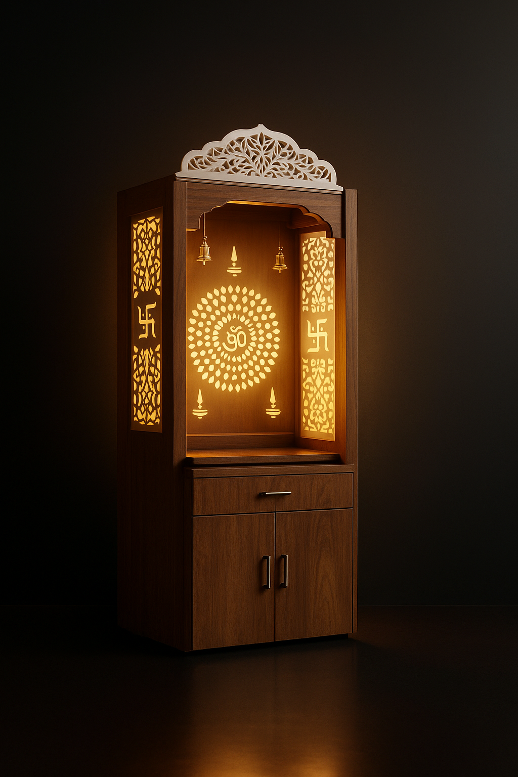 Elegant Corian Altar with Optional Storage in a dark luxury setting