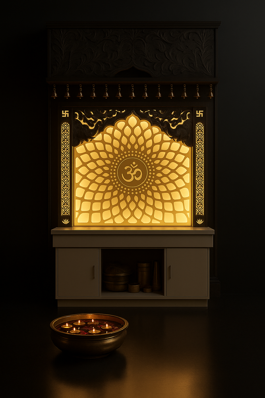 Elegant Corian Altar with Signature 3D Arc Design in a dark luxury setting