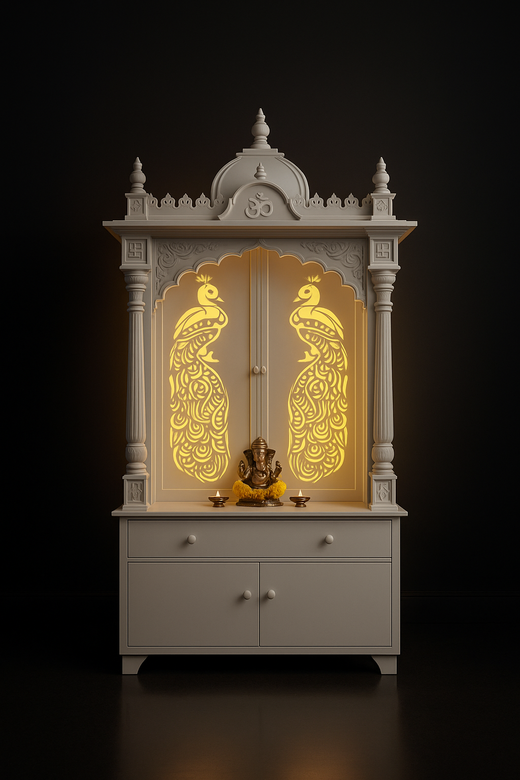 Elegant Corian Pooja Space with Concealed Storage in a dark luxury setting