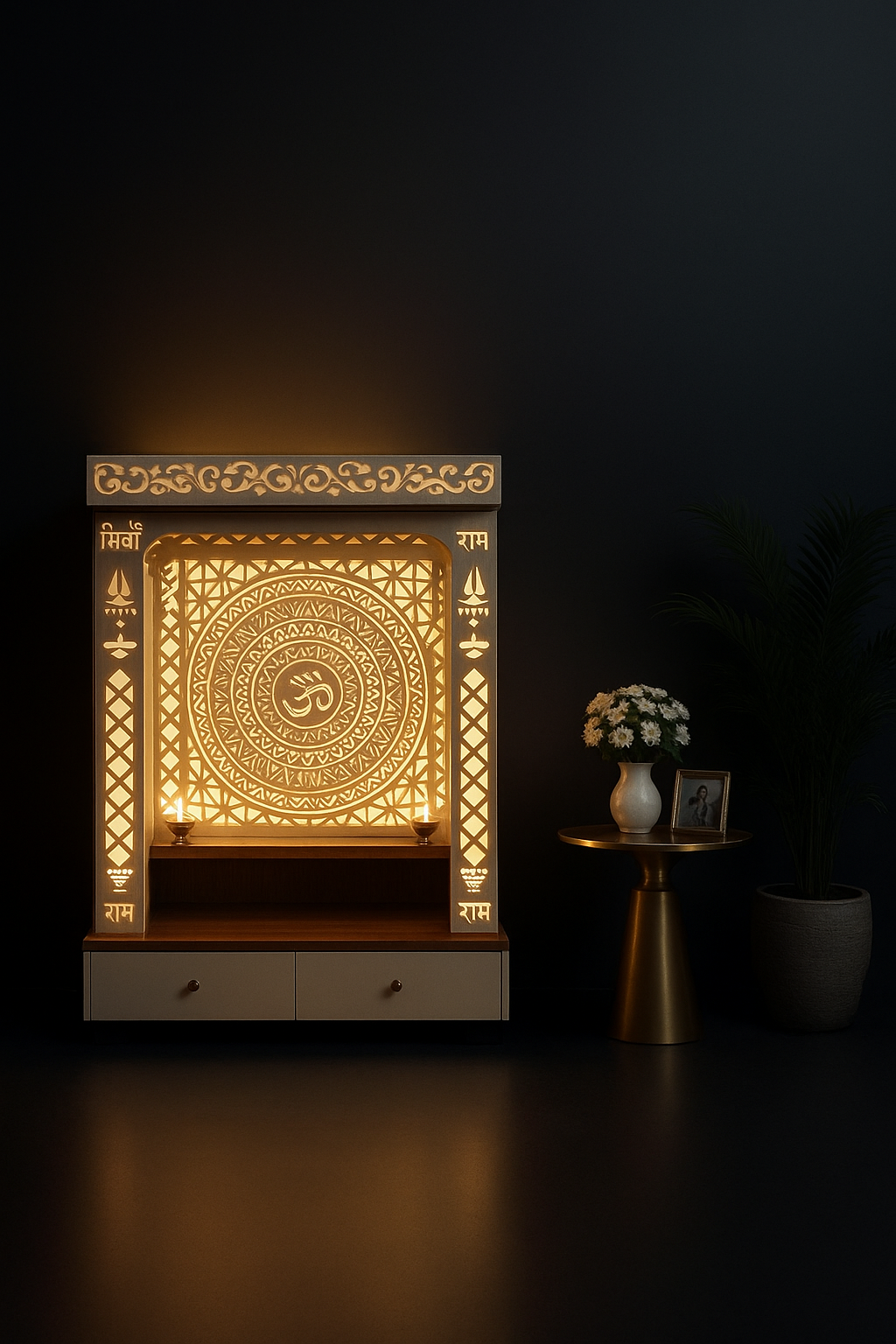 Elegant Flat-Pack Corian Pooja Altar in a dark luxury setting