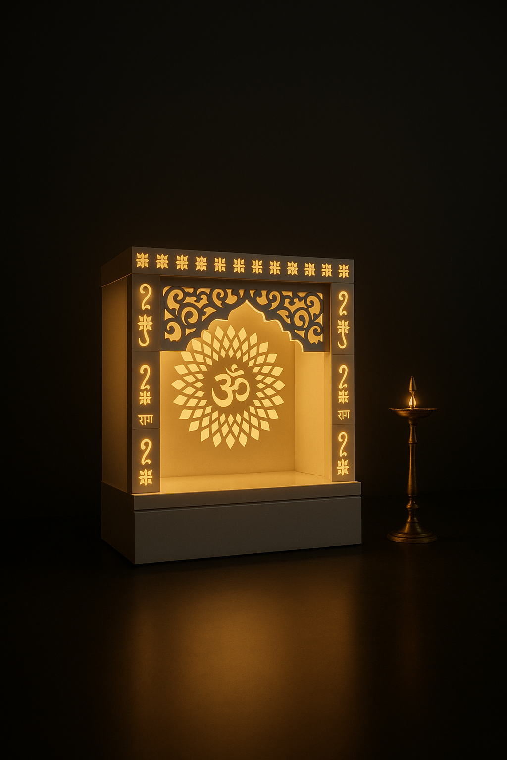 Elegant Floating Corian Altar for Compact Spaces in a dark luxury setting