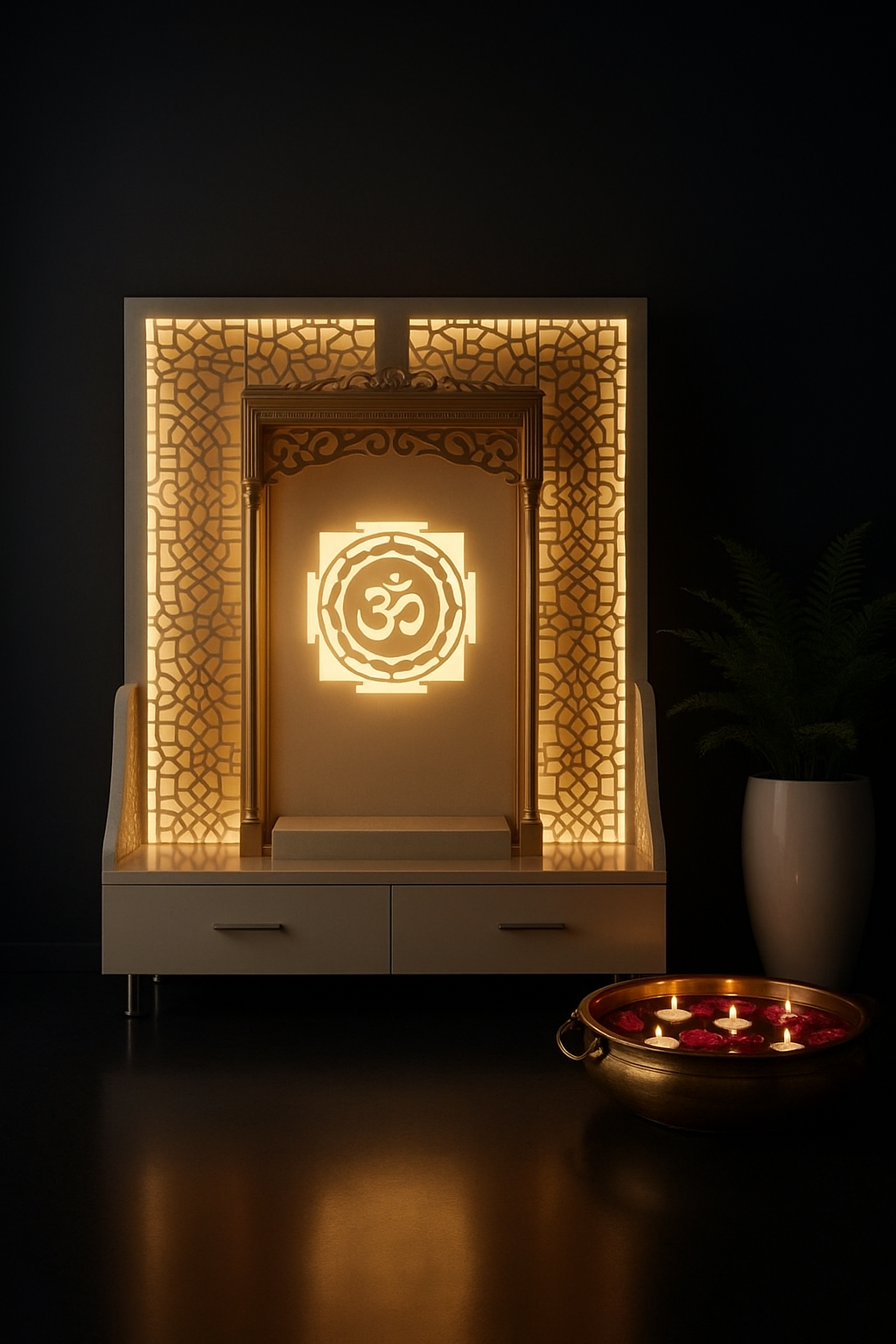 Elegant Floor-Level Corian Altar for Devotion in a dark luxury setting
