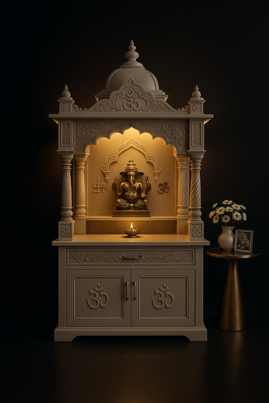 Elegant Fluted Corian Altar with Tiered Shelves in a dark luxury setting