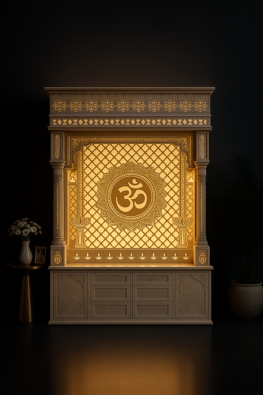 Elegant Large Corian Altar with Golden Glow Om and Ample Storage in a dark luxury setting