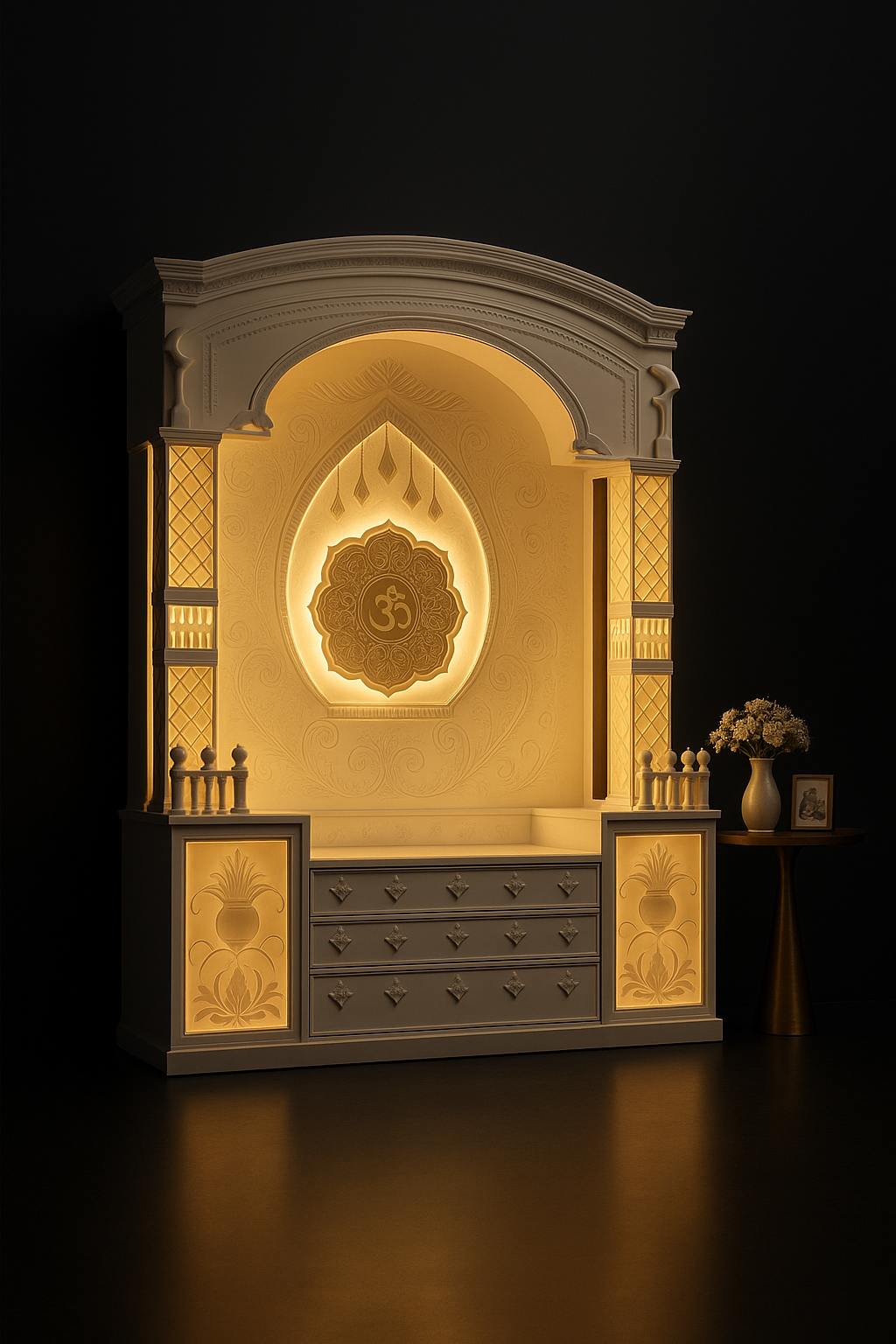 Elegant Large Corian Shrine with Tapered Pillars and Hexagon Om Motif in a dark luxury setting