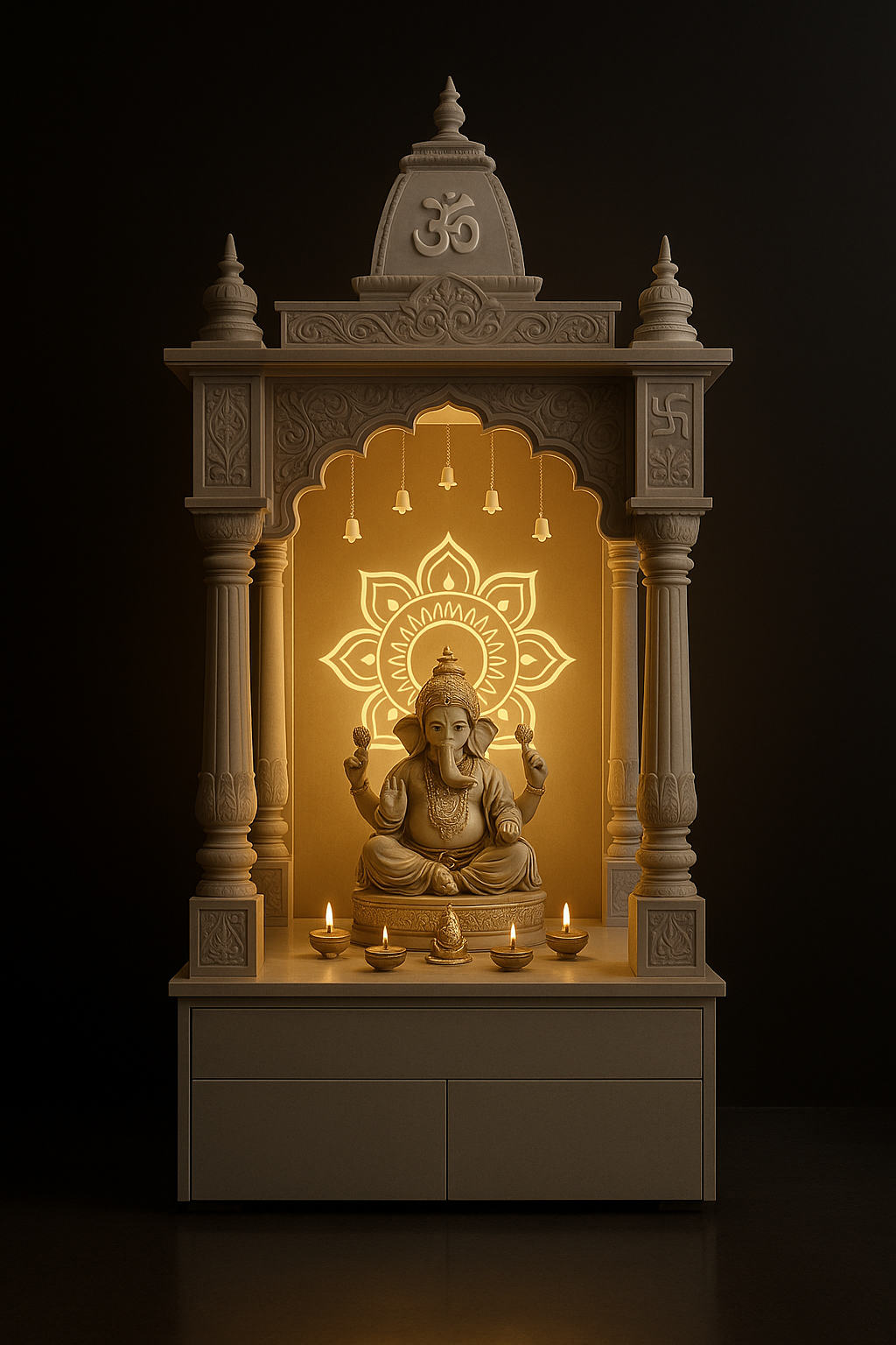 Elegant Pocket Door Shrine — A Space-Saving Corian Solution in a dark luxury setting