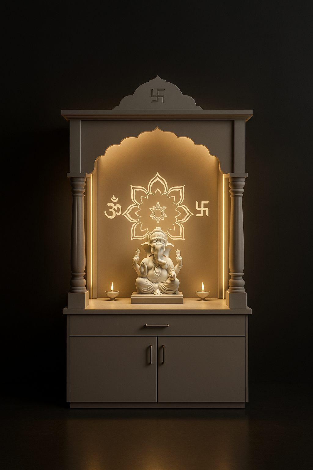 Elegant Wall-Mounted Corian Altar with Concealed Storage in a dark luxury setting