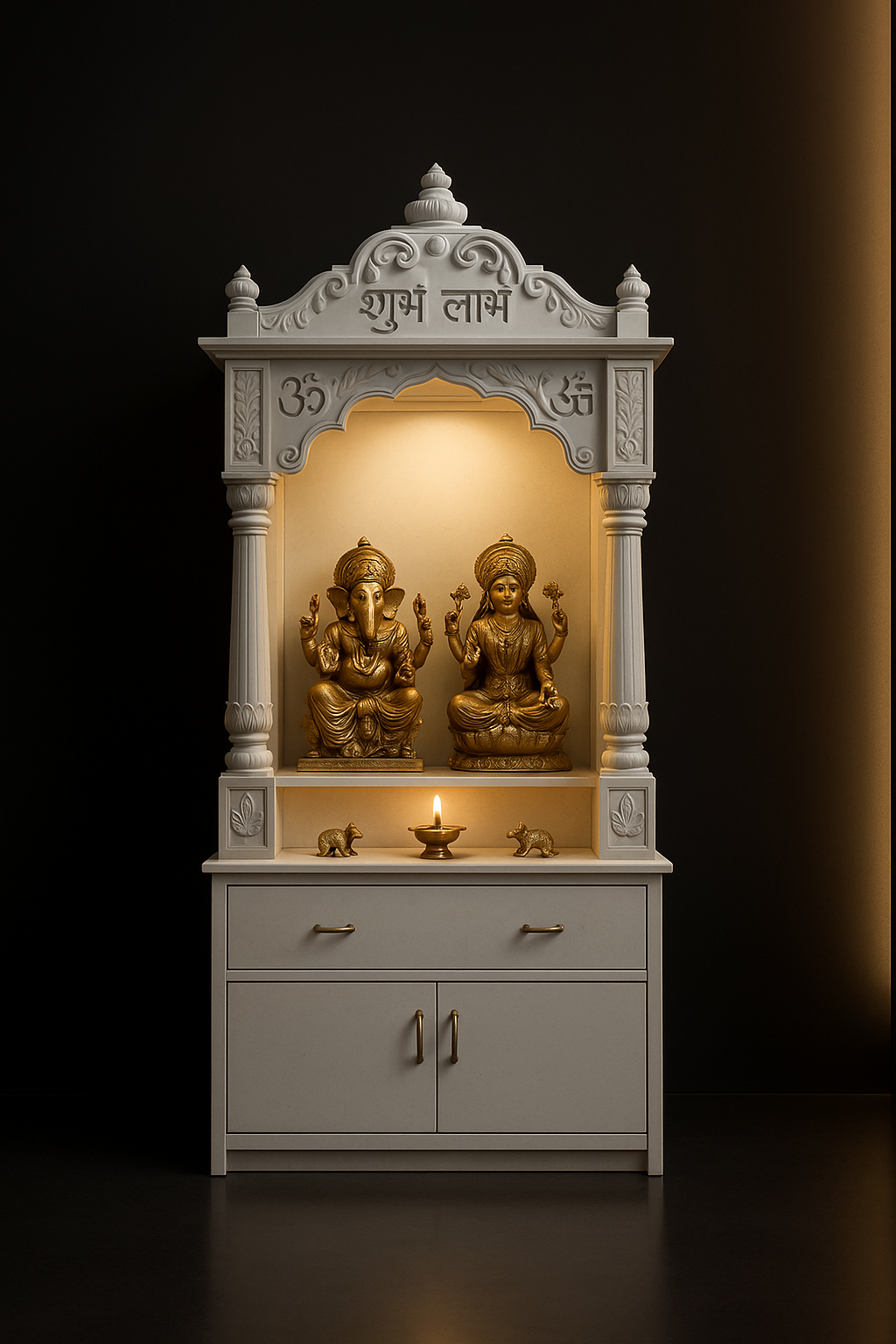 Elegant White Corian Pocket Door Shrine in a dark luxury setting