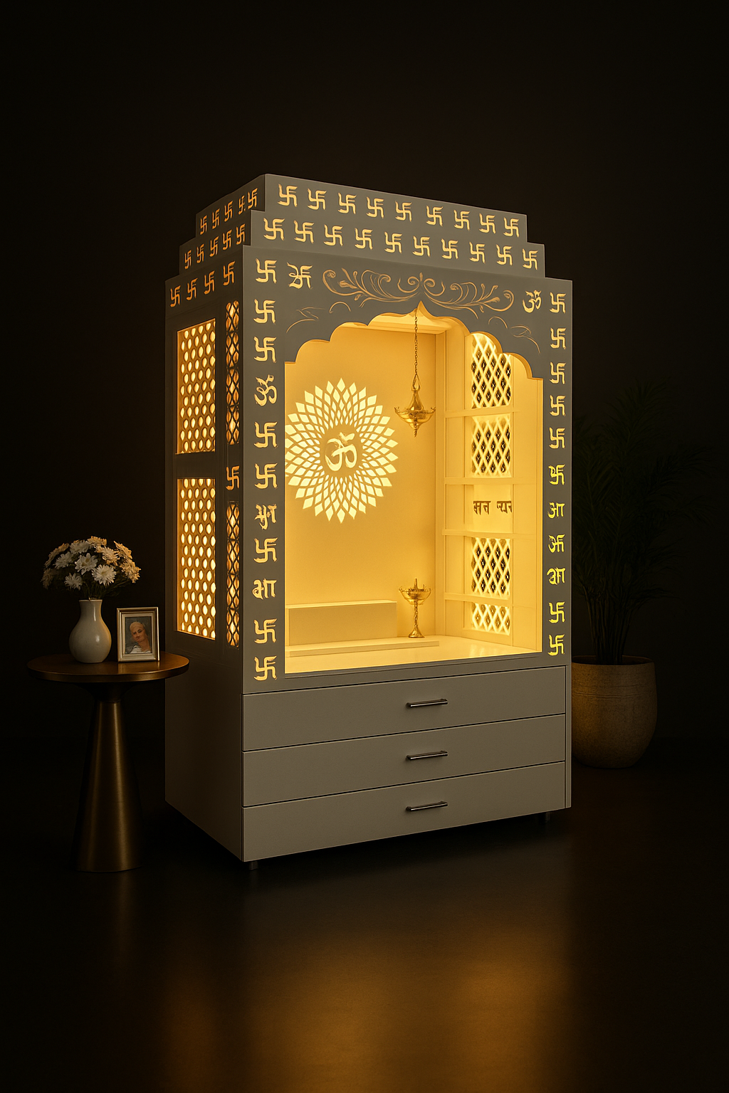 Elegantly Crafted Corian Altar with Om and Swastik in a dark luxury setting
