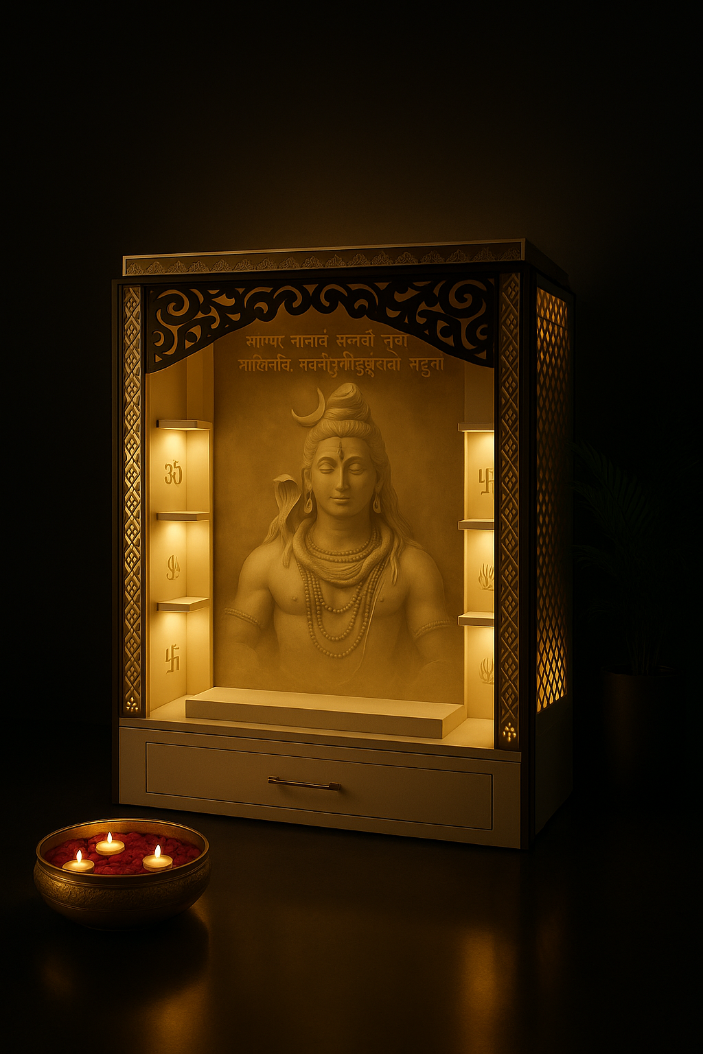 Elevated 3D Corian Shrine with Integrated Sitting Stand in a dark luxury setting