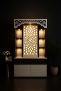 Elevated Corian Altar with Floating Shelves in a dark luxury setting