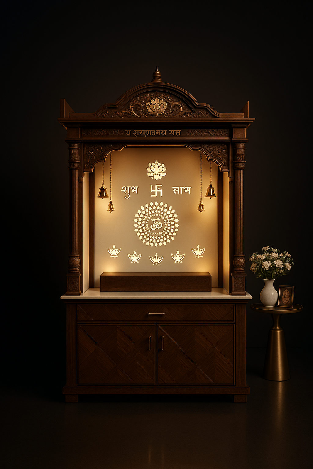 Elevated Corian Altar with Floating Shelves in a dark luxury setting