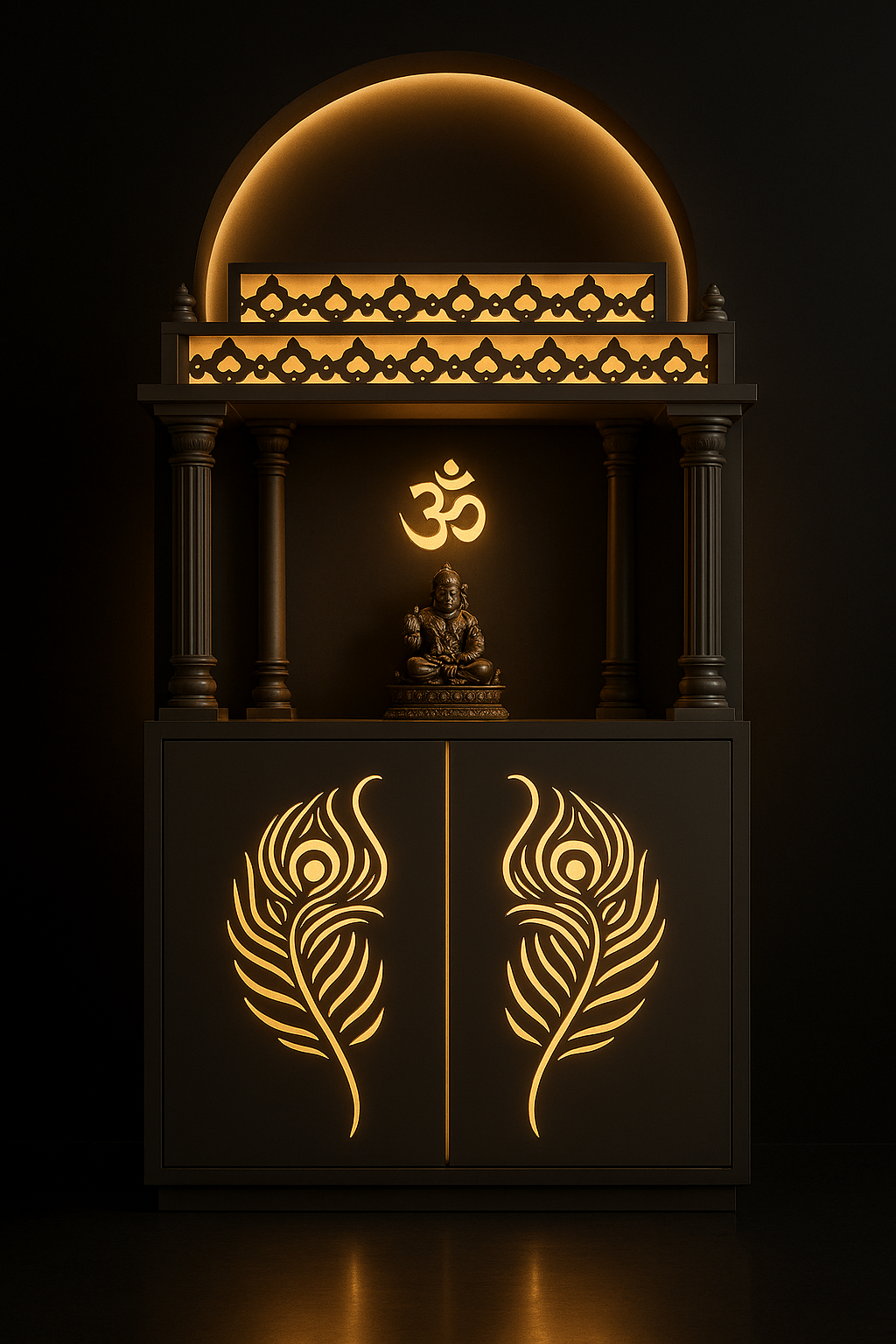Elevated White Corian Altar with Hinged Doors in a dark luxury setting