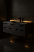 Equinox — Wall-Hung Vanity in a dark luxury setting