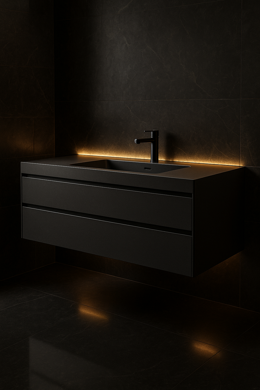 Equinox — Wall-Hung Vanity in a dark luxury setting