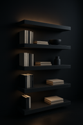 Equinox — Floating Bookshelf Wall Unit in a dark luxury setting