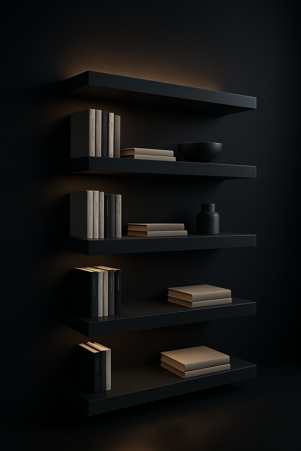Equinox — Floating Bookshelf Wall Unit in a dark luxury setting
