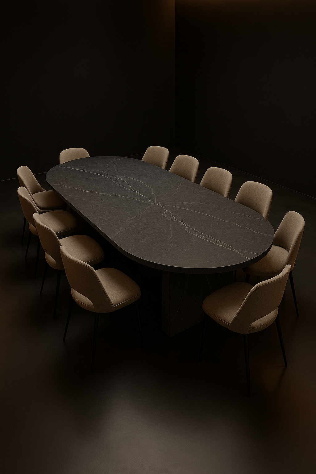 Equinox — Oval Corian Dining Table in a dark luxury setting