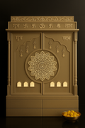 Exquisite Corian Pooja Shrine with 3D Om Lotus Arch in a dark luxury setting
