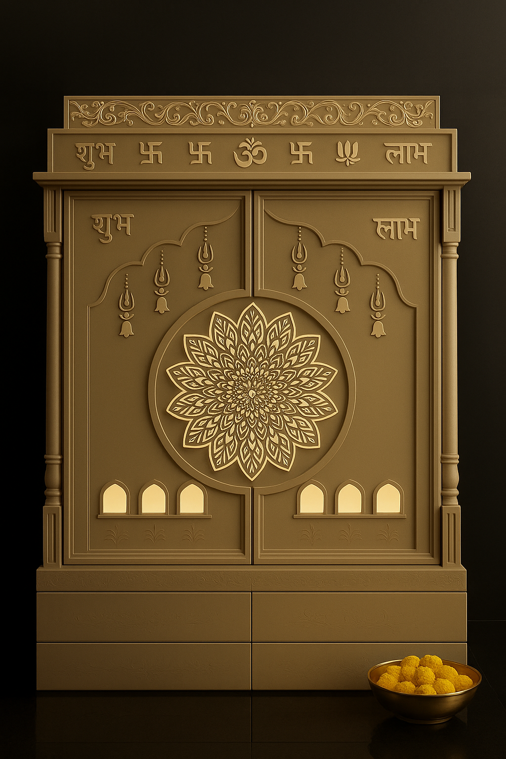 Exquisite Corian Pooja Shrine with 3D Om Lotus Arch in a dark luxury setting