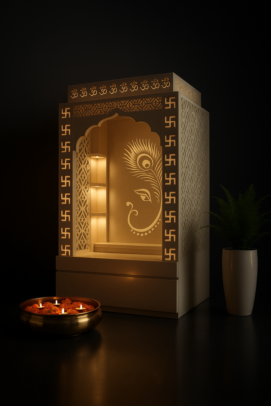 Exquisite Corian Pooja Space with Swastik Pillars & Ganesha Motif in a dark luxury setting