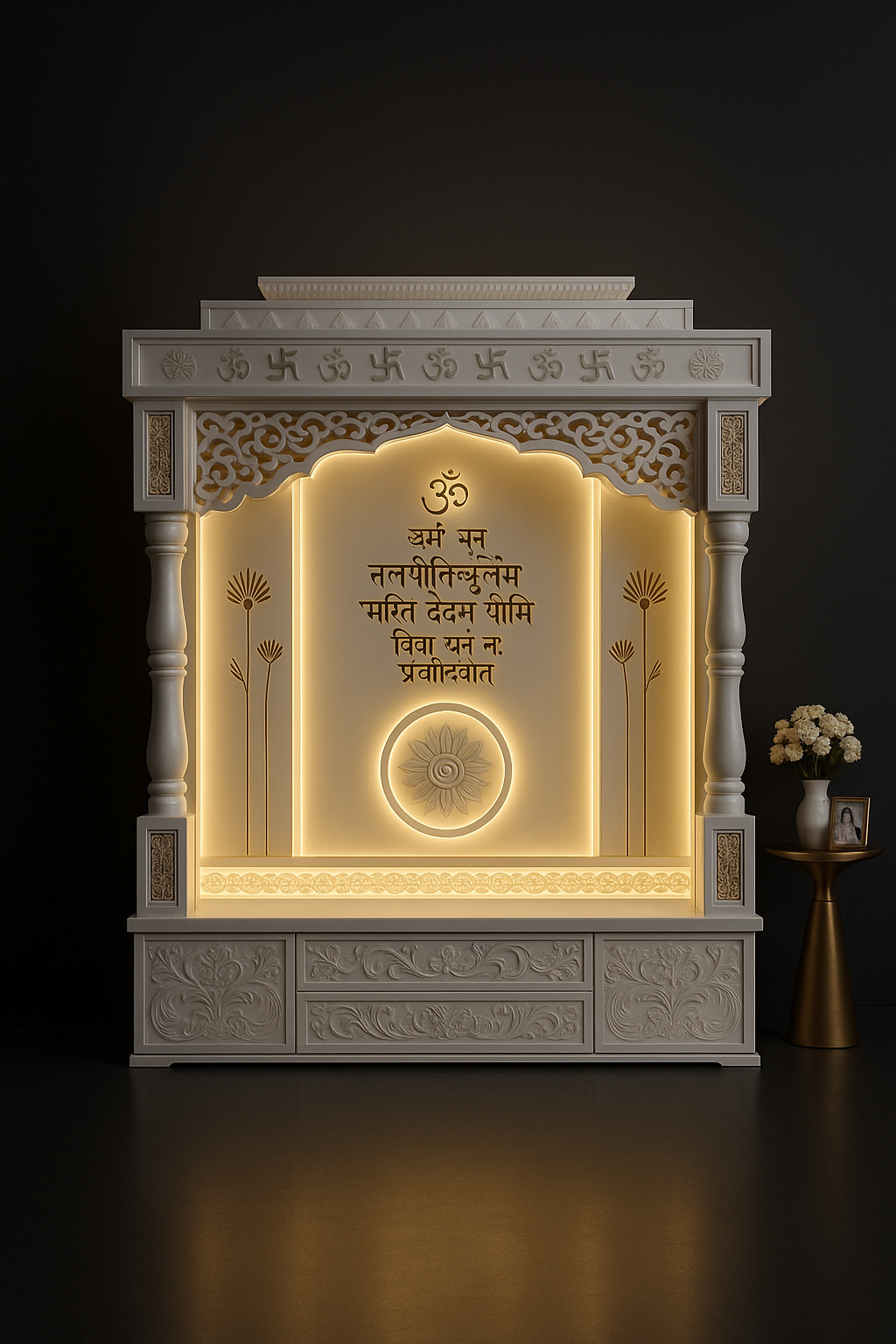 Exquisite Corian Shrine with Round Pillars and Gold Detailing in a dark luxury setting