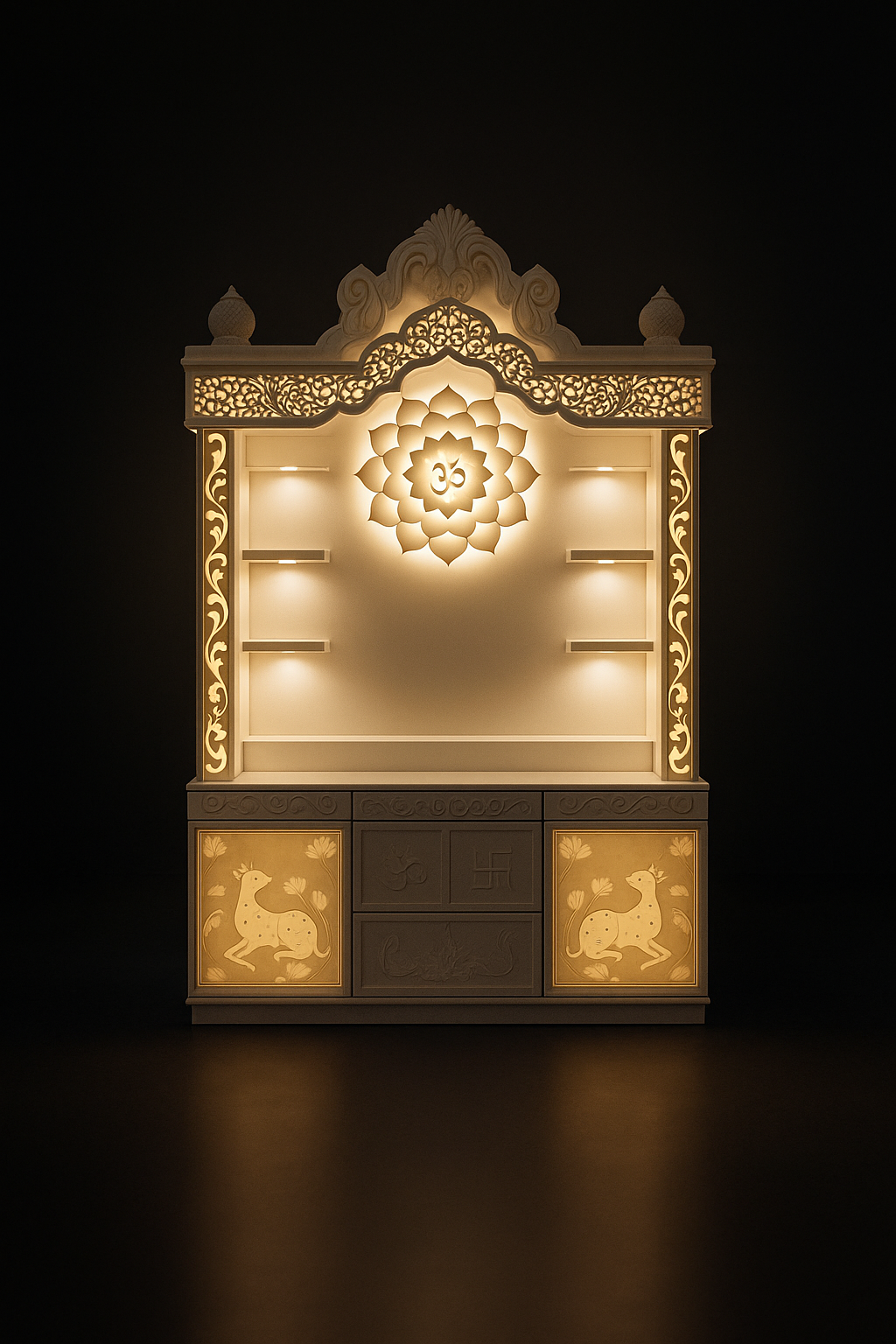 Exquisite Corian Temple Altar with Traditional Motifs in a dark luxury setting