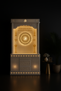 Exquisite Dual-Tone Corian Altar with Carved Pillars in a dark luxury setting