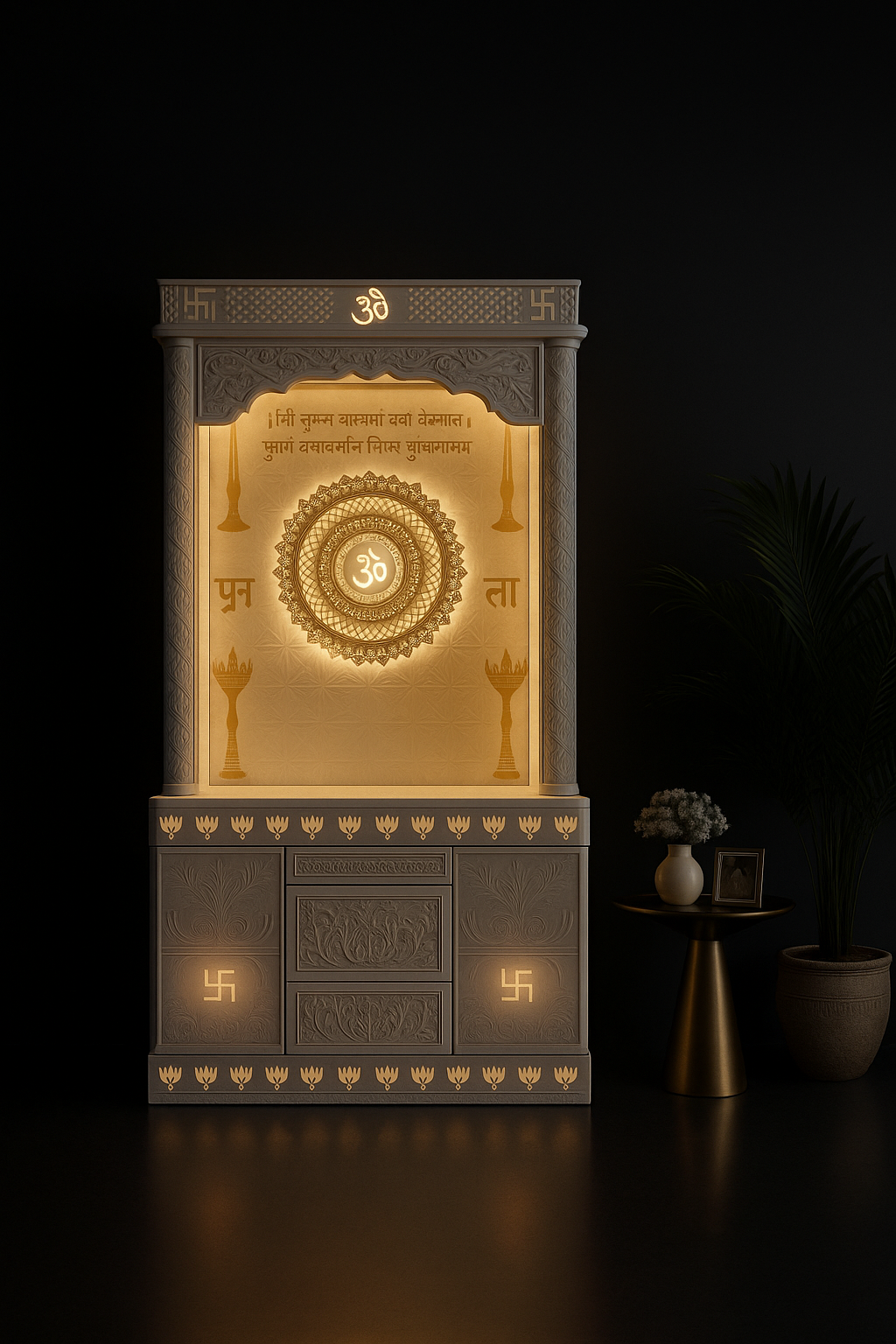 Exquisite Dual-Tone Corian Altar with Carved Pillars in a dark luxury setting