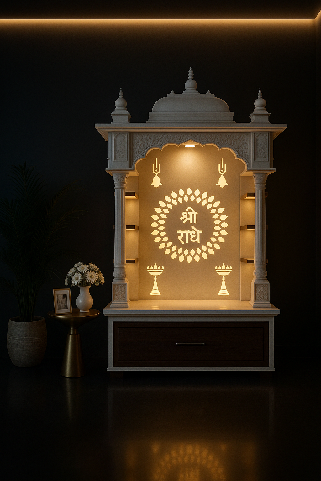Floating Corian Shrine: A Seamless Design Statement in a dark luxury setting