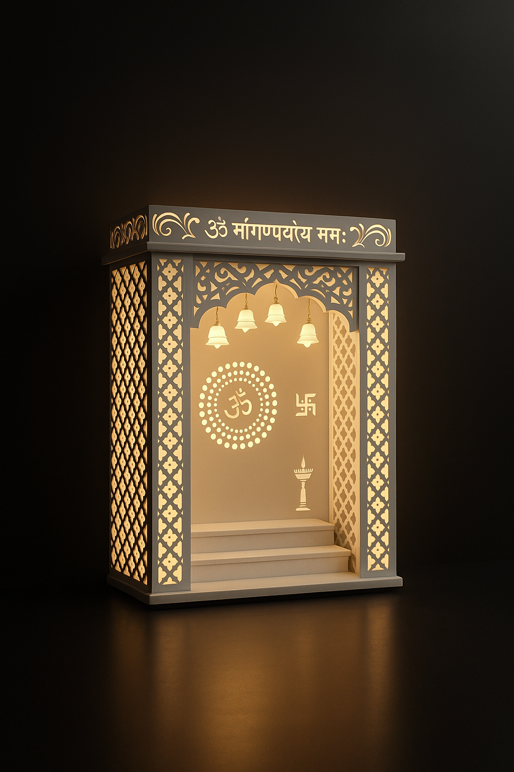 Floating Wall-Mount Corian Altar with Illuminated Pillars in a dark luxury setting