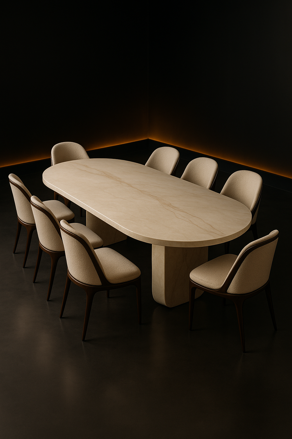 Glacier — Oval Corian Dining Table in a dark luxury setting