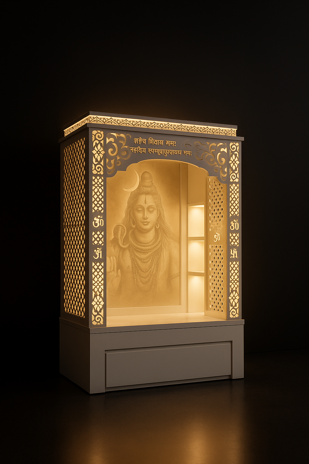 Grand Corian Shrine with Sitting Platform and Retractable Curtain in a dark luxury setting
