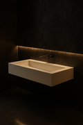 Halo — Trough-Basin Vanity in a dark luxury setting