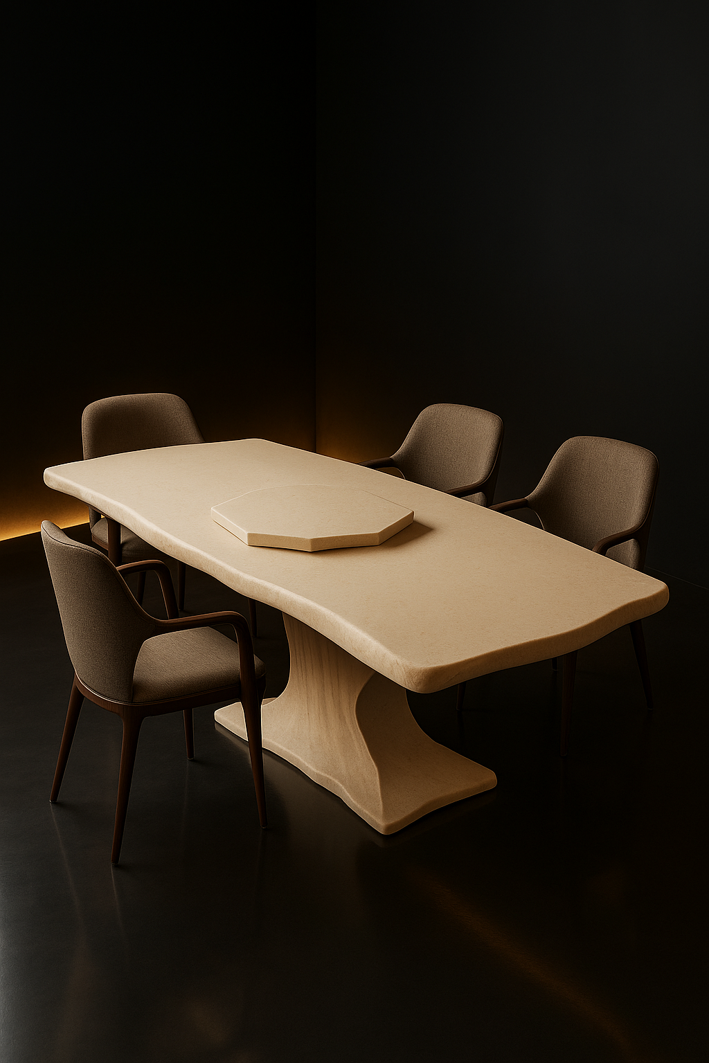 Halo — Live-Edge Organic Corian Dining Table in a dark luxury setting