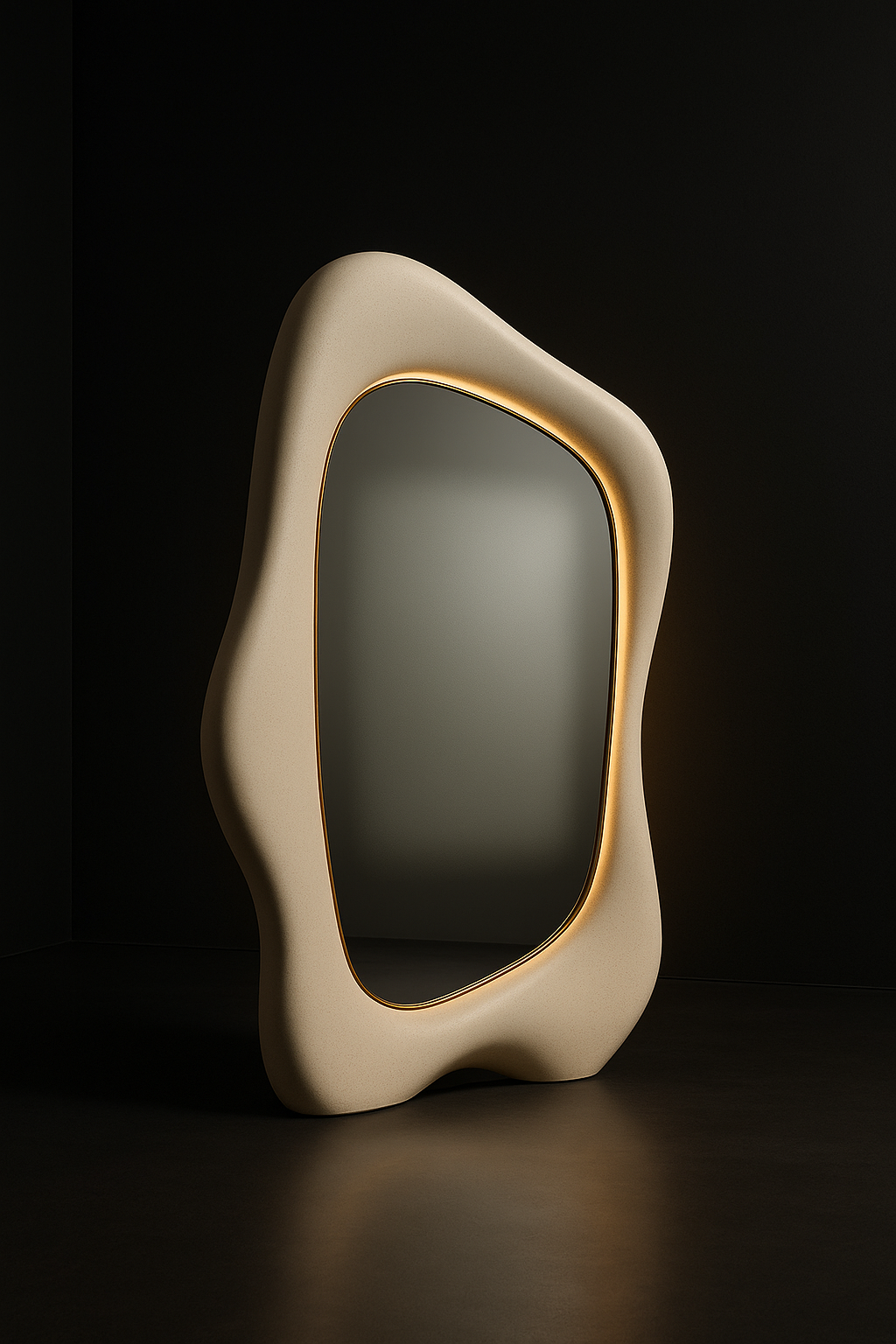 Halo — Sculptural Asymmetric Mirror in a dark luxury setting
