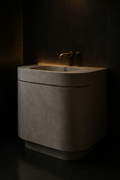 Helios — Curved-Front Vanity in a dark luxury setting
