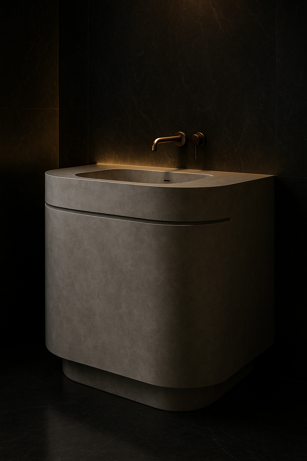 Helios — Curved-Front Vanity in a dark luxury setting