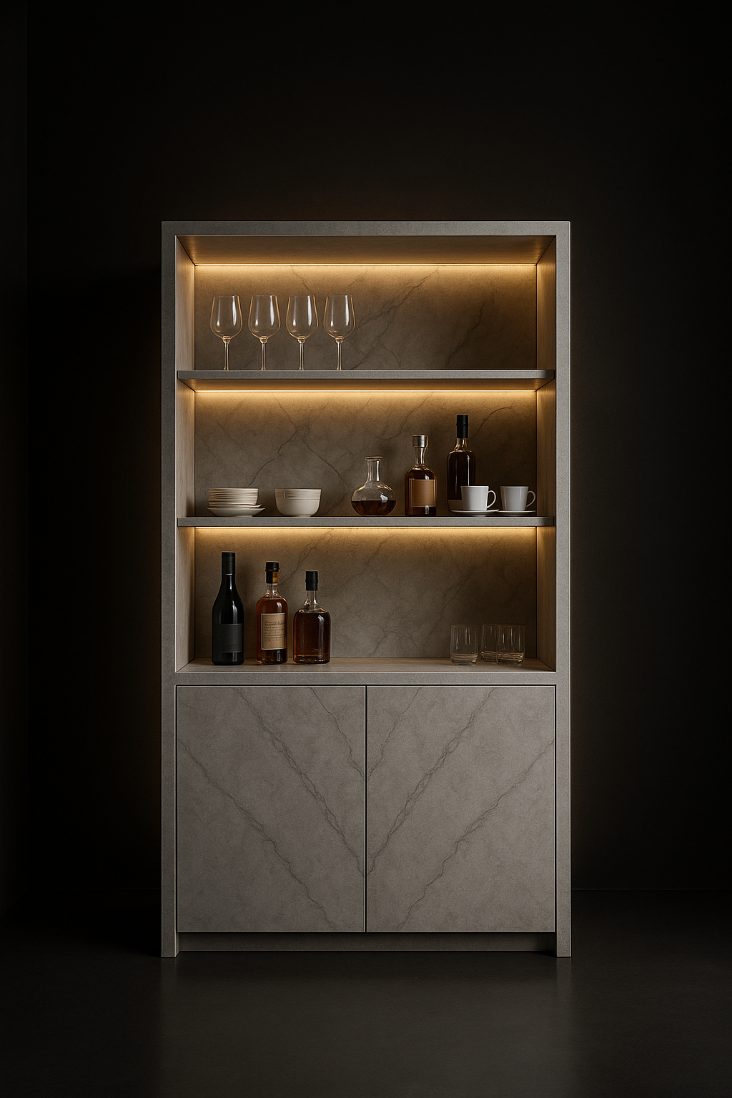 Helios — Bar & Crockery Unit in a dark luxury setting